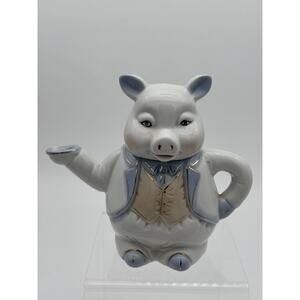 Vintage Teapot Anthropomorphic Pig Vest Jacket Blue & Gold Trim 6” Unbranded